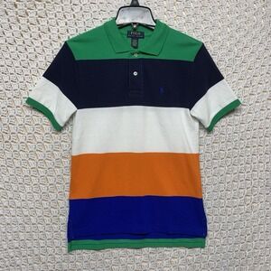 Ralph Lauren Polo Shirt Boys Sz M (10-12)  Black Blue White Striped Short Sleeve